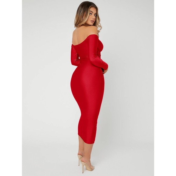 Off Shoulder long sleeve Bodycon midi Dress black - Picture 3 of 8